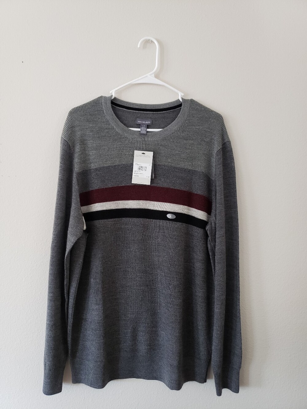 Van Heusen Men's Grey Crewneck Sweater with Burgundy and Black Stripes